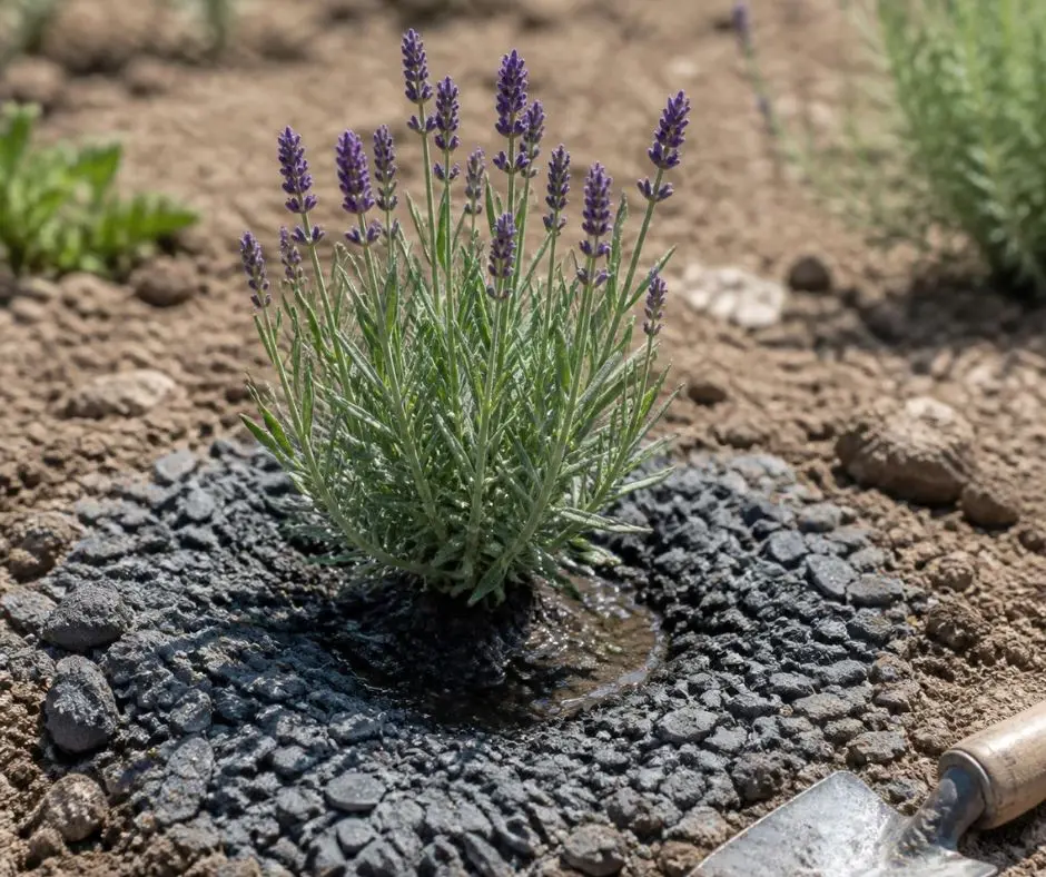Paillage minéral de gravier autour d'un jeune plant de lavande à la plantation