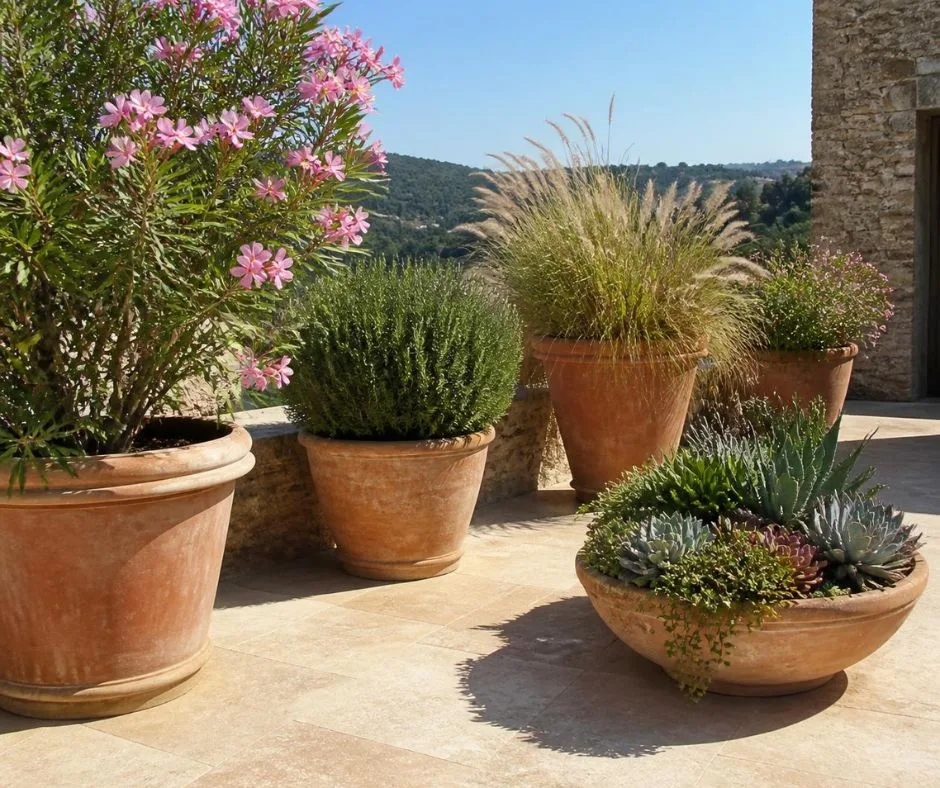 Terrasse exposée plein soleil aménagée de grands pots en terre cuite